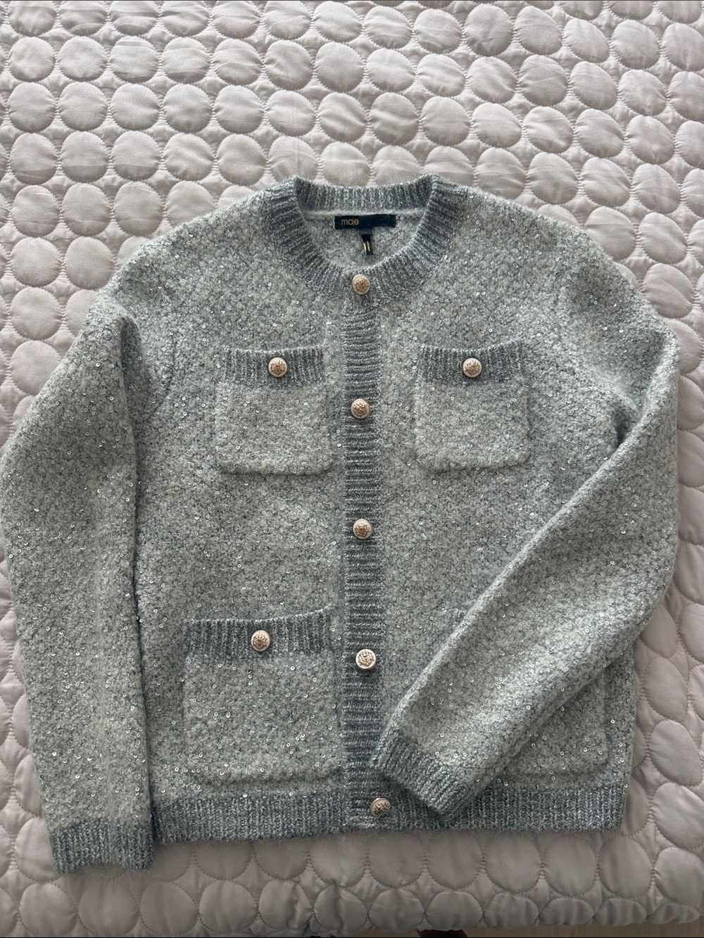 Maje Silver-Gray Tweed Button Cardigan with Gold Buttons